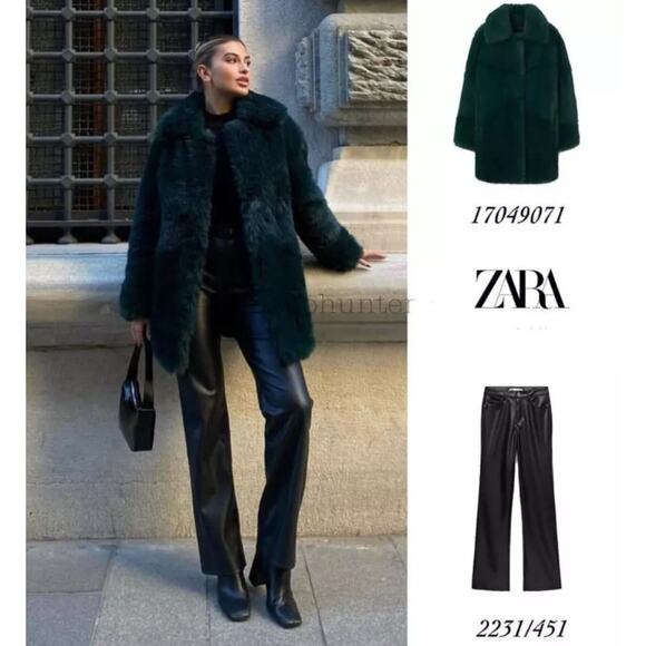 ZARA Faux Leather Straight Leg Trouser Pants Mid-Rise Black - Picture 4 of 11